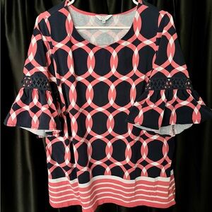 Crown & Ivy Pink and Blue Graphic Blouse with Bell Sleeves